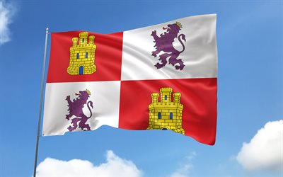 flag castille et leon sur le mât, 4k, communautés espagnoles, ciel bleu, drapeau de la castille et de leon, drapeaux satin ondulés, flag castille et leon, communautés d'espagne, mât avec drapeau, jour de castille et léon, espagne, castille et léon