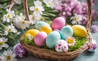 ostereier in einem korb, 4k, frohe ostern, bunte eier, hintergrund mit ostereier, osterkorb, osterkartenvorlage