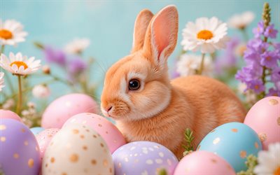 bunny allo zenzero, 4k, buona pasqua, campo di fiori, uova di pasqua, margherite, bunny di pasqua, fiori primaverili, tulipani, pasqua, sfondo con bunny, coniglio, bunny