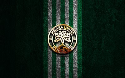 logo golden melaka united, 4k, sfondo di pietra verde, malesia super league, club di calcio malese, logo melaka united, calcio, emblema di melaka united, melaka united, melaka united fc