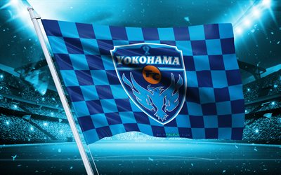4k, yokohama fc  logotyp, japansk fotbollsklubb, stadionflagga, yokohama fc fans flagga, blå flagga, yokohama fc emblem, j1 league, japan, fotboll, yokohama fc
