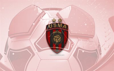 USM Alger glossy logo, 4K, red football background, Algerian Ligue Professionnelle 1, soccer, USM Alger, Algerian football club, USM Alger emblem, USM Alger logo, USM Alger FC