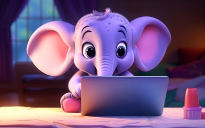 4k, éléphant bébé mignon, art 3d, éléphant avec ordinateur portable, animaux de dessins animés, relaxation, bébé éléphant, éléphant de dessins animés, petit éléphant, animaux mignons, éléphants