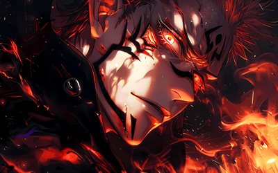 4k, Sukuna, fire flames, Jujutsu Kaisen, protagonist, manga, Gojo Satoru, Jujutsu Kaisen series, Jujutsu Kaisen characters, artwork, Sukuna Jujutsu Kaisen