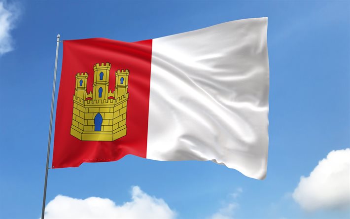 drapeau castilla la mancha sur le mât, 4k, communautés espagnoles, ciel bleu, drapeau de castilla la mancha, drapeaux satin ondulés, drapeau castilla la mancha, communautés d'espagne, mât avec drapeau, jour de castilla la mancha, espagne, castilla la mancha