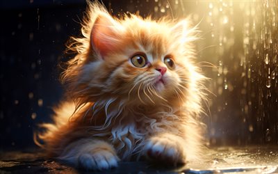 fluffy ginger kitten, 4k, animali domestici, gatti, animali da cartone animato, gattini, gatti carini, gattino cartoon, 3d art, kittens soffici