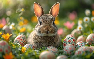 bunny near easter eggs, Happy Easter, easter eggs, bunny, cute animals, Easter bunny, background for easter card