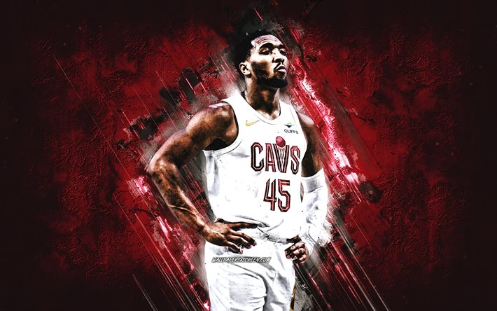 Donovan Mitchell, Cleveland Cavaliers, NBA, burgundy stone background, grunge art, USA, basketball, American basketball player, Donovan Mitchell Cleveland Cavaliers