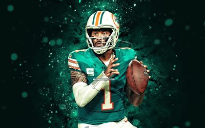 tua tagovailoa, 4k, 청록색 네온 조명, 마이애미 돌고래, nfl, 미식 축구 선수, tua tagovailoa 4k, 미식 축구, 내셔널 풋볼 리그, tua tagovailoa 마이애미 돌고래