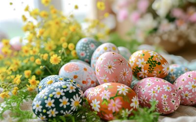 œufs de pâques, joyeuses pâques, 4k, printemps, dessins d'oeufs de pâques, décorations de pâques, contexte de la carte de pâques, œufs