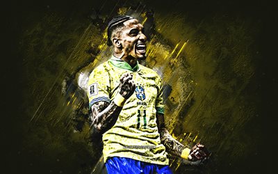 Raphinha, Brazil national football team, grunge art, yellow stone background, Brazil, football, Raphael Dias Belloli, Raphinha Brazil