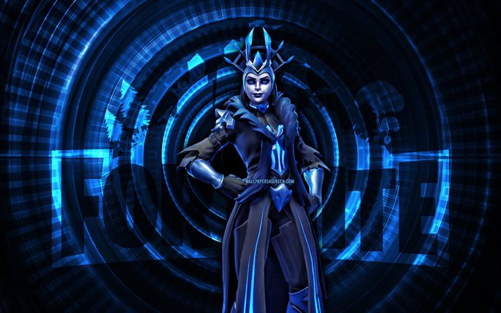 la reine de glace fortnite, 4k, fond en spirale bleu, fortnite, créatif, la peau de la reine des glaces, fortnite la peau de glace, la reine des glaces, personnages fortnite