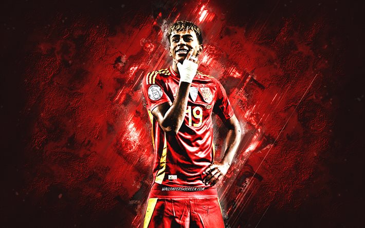 Lamine Yamal, Spain national football team, Spanish football player, red stone background, grunge art, Spain, football, Nations League, Lamine Yamal Spain