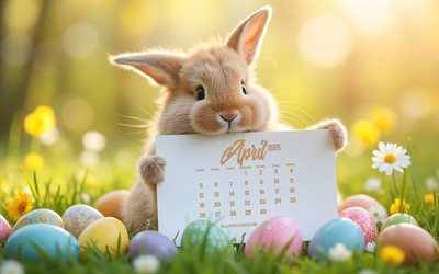 kalender april 2026, 4k, beiger hase, ostereier, hase mit kalender, flauschiger beige hase, april kalender, konzepte für 2026, april kalender 2026, frühlingshintergrund, ostern