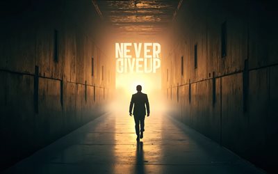 Never Give Up, 4k, businessman, light at the end of the tunnel, motivation, inspiration, popular short quotes, Never Give Up concepts, Never Give Up inspiration, creative, Never Give Up Art