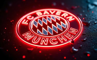 neon logo des fc bayern münchen, metallhintergrund, neon emblem des fc bayern münchen, logo des fc bayern münchen, deutschland, fußball, fc bayern münchen, bayern münchen logo, bayern münchen