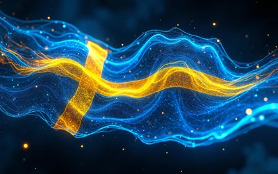 4k, bandera brillante de suecia, bokeh, ondas de neón azul, bandera de suecia, dia de suecia, arte 3d, bandera sueca, bandera de neón de suecia, ondas de neón bandera de suecia, suecia, bandera de suecia 3d, bandera abstracta de suecia
