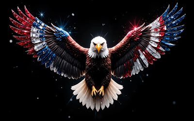 pygargue à tête blanche, 4k, art du cristal, fond noir, oiseaux de proie, pygargue à tête blanche aux ailes déployées, drapeau américain, quatrième juillet, usa, 4 juillet, aigles, drapeau des états unis