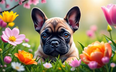 4k, جرو البلدغ الفرنسي, زهور ملونة, ربيع, خوخه, كلاب, حيوانات لطيفة, الجراء, حيوانات أليفة, زهور الربيع, البلدغ الفرنسي, جرو على العشب, كلب البلدغ الفرنسي