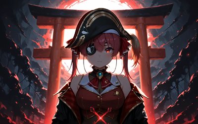 4k, marinero houshou, puertas torii, youtuber virtual, oscuridad, vtuber, chica con ojos rojos, hololive, torii, manga, canal marino houshou, youtuber virtual marino de houshou