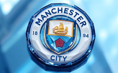 logotipo de cristal del manchester city fc, 4k, fondo metálico azul, hombre de la ciudad, logotipo de cristal del manchester city, logotipo del manchester city, logotipo del manchester city fc, emblema del manchester city fc, inglaterra, manchester city fc