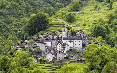 locarno, canton ticino, kylä, sveitsi, vuoret, vihreä vuoren rinne, kylä vuorella