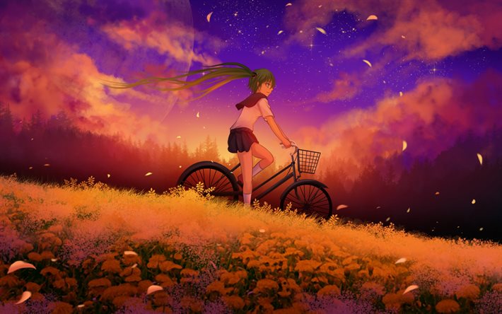 Hatsune Miku, field, bike, Vocaloid