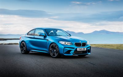 les montagnes, la route, 2016, la BMW M2, un Coupé, F87, sportcars, bleu BMW