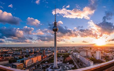 Berlín, paisaje urbano, puesta de sol, torre de televisión de Alemania, Torre de TELEVISIÓN de Berlín