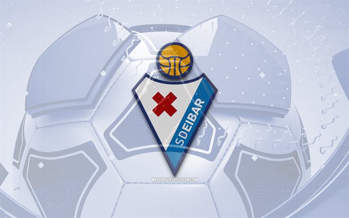SD Eibar glossy logo, 4K, blue football background, LaLiga2, soccer, spanish football club, SD Eibar 3D logo, SD Eibar emblem, Eibar FC, football, La Liga2, sports logo, SD Eibar logo, SD Eibar