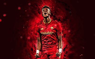 Tammy Abraham, 4k, 2023, AS Roma, purple abstract background, soccer, Serie A, fan art, english footballers, Tammy Abraham 4K, Roma FC, purple neon lights, football, Tammy Abraham Roma