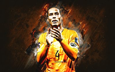virgil van dijk, nederländerna nationella fotbollslag, holländsk fotbollsspelare, porträtt, orange stenbakgrund, nederländska, grunge konst