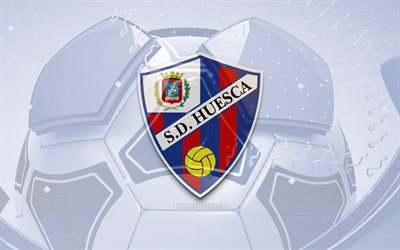 SD Huesca glossy logo, 4K, blue football background, LaLiga2, soccer, spanish football club, SD Huesca 3D logo, SD Huesca emblem, Huesca FC, football, La Liga2, sports logo, SD Huesca logo, SD Huesca