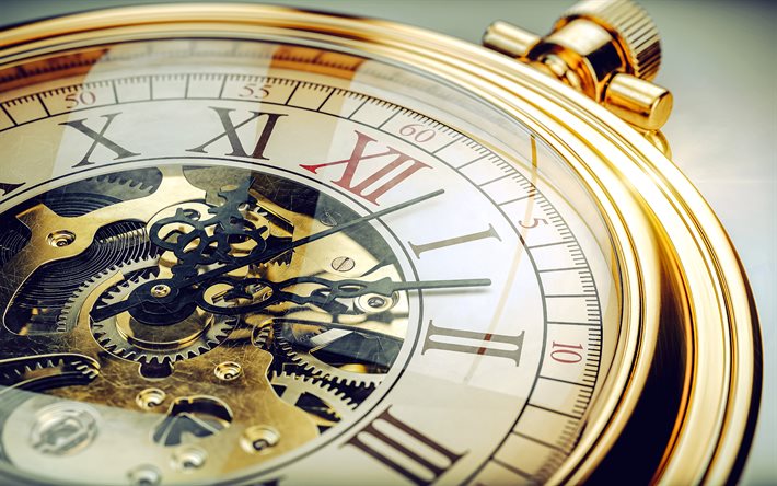 4k, 오래된 금 시계, 다이얼, 빈티지 시계, 주머니 시계, 시간 개념, 비즈니스 개념