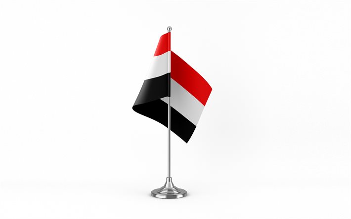4k, यमन टेबल फ्लैग, सफेद पृष्ठभूमि, यमन का झंडा, यमन का टेबल फ्लैग, धातु की छड़ी पर यमन झंडा, राष्ट्रीय चिन्ह, यमन