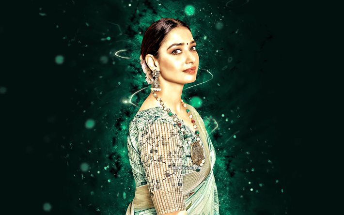 tamnnah bhatia, 4k, luci al neon turchese, attrice indiana, bollywood, stelle del cinema, opera d'arte, immagine con tamnnah bhatia, celebrità indiana, tamnnah bhatia 4k