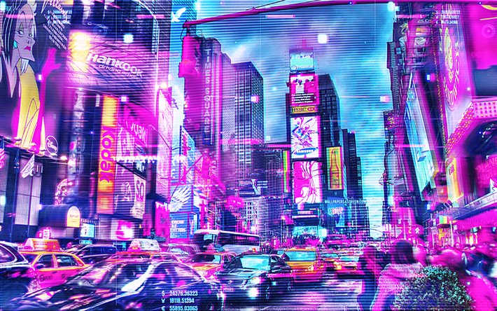 4k, نيويورك, شارع, cyberpunk, إشارات المرور, مناظر المدينة, مدينة نيويورك, المدن الأمريكية, الولايات المتحدة الأمريكية, أمريكا, مباني حديثة, نيويورك cyberpunk