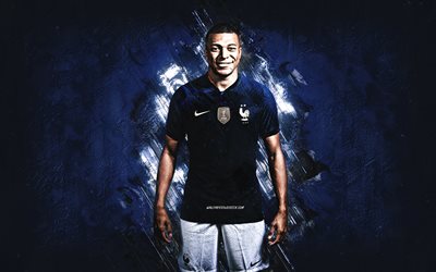 kylian mbappe, لاعب كرة القدم الفرنسي, لَوحَة, فريق كرة القدم الوطني فرنسا, خلفية الحجر الأزرق, فرنسا, كرة القدم