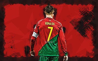 4k, Cristiano Ronaldo, grunge art, Portugal National Football Team, back view, CR7, soccer, joy, footballers, red grunge background, Portuguese football team, Cristiano Ronaldo 4K