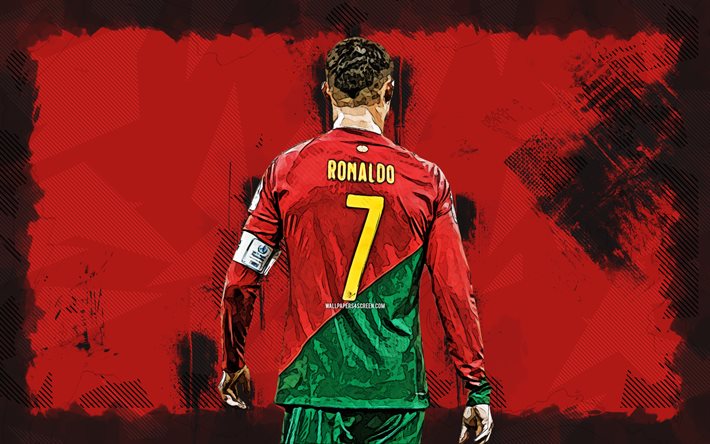 4k, cristiano ronaldo, grunge  taide, portugalin kansallinen jalkapallojoukkue, takanäkymä, cr7, jalkapallo, ilo, jalkapalloilijat, punainen grunge  tausta, portugalin jalkapallojoukkue, cristiano ronaldo 4k