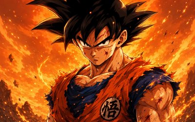 4k, Son Goku, orange fire background, Dragon Ball, Son Goku Dragon Ball characters, manga, Dragon Ball Super, DBS characters, Son Goku DBS