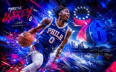 4k, tyrese maxey, sininen futuristinen tausta, philadelphia 76ers, nba, fanitaidetta, renkaat maxey 4k, koripallo, luova, tyrese maxey philadelphia 76ers, tyrese maxey art