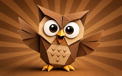 origami pöllö, 4k, sarjakuvalintuja, ruskea lineaarinen tausta, paperitaidetta, origami eläimiä, origami, pöllöt, origami lintuja, minimalismi, pöllö