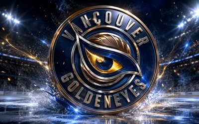 vancouver goldeneyes metallilogo, 4k, kohdevalot, jääareena, pwhl, jääkiekko, vancouver goldeneyes  logo, jääkiekkostadion, vancouver goldeneyes 3d  logo, kanadan jääkiekkojoukkue, vancouver goldeneyes