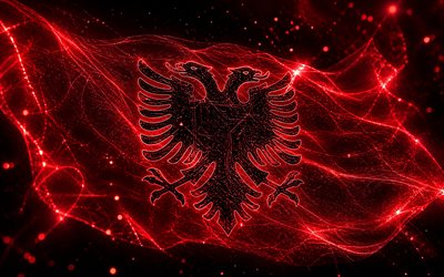 4k, Albania glowing flag, creative, flag of Albania, Day of Albania, 3D art, Albanian flag, Albania neon flag, neon waves Albania flag, Albania 3D flag, Albania abstract flag, Albania