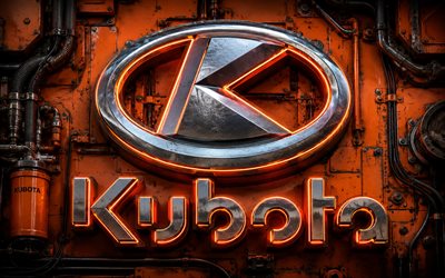 4k, Kubota metal logo, bokeh, orange glare, metal mechanical backgrounds, manufacturer brands, Kubota 3D logo, creative, Kubota logo, Kubota