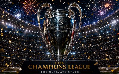 uefa mestarien liiga, 4k, stadionilla, faneja, lentävä konfetti, uefa champions league trophy, ottelu, jalkapallo, uefa mestarien liigan kuva, kultainen pokaali, mestarien liiga