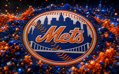 new york metsin kangaslogo, 4k, sininen oranssi 3d tausta, mlb, baseball, new york metsin logo, new york metsin tunnus, amerikkalainen baseball joukkue, new york mets