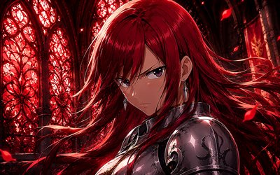 Erza Scarlet, 4k, stained glass windows, red glare, Fairy Tail, darkness, manga, anime charaters, Torii, Fairy Tail characters, Erza Scarlet Fairy Tail