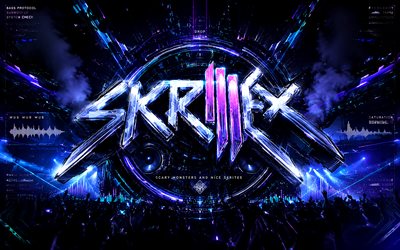 4k, skrillex futuristinen logo, faneja, konsertti, luova, amerikkalainen dj, skrillex 3d  logo, sonny john moore, skrillex metallinen logo, musiikin tähdet, skrillex art, skrillex